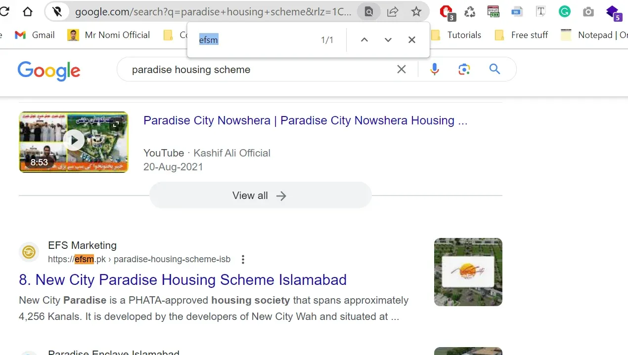 EFSM search result screenshot from the published SEO project