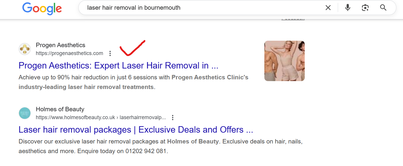 Progen Aesthetics search result screenshot from the published SEO project