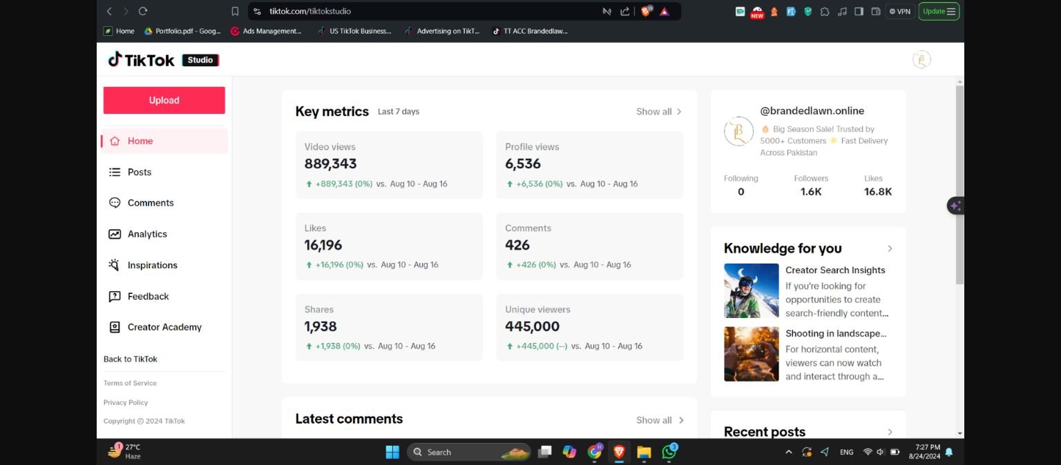 Branded Lawn TikTok organic analytics showing August 2024 engagement